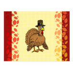 Turkey Pilgrim Cartoon Fall Leaves Thanksgiving Post Card