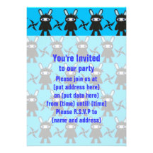 Turquoise and Black Ninja Bunny Pattern Custom Invites
