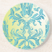 turquoise and lime green ornate damask beverage coasters