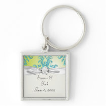 turquoise and lime green ornate damask keychain