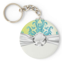 turquoise and lime green ornate damask key chain