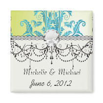 turquoise and lime green ornate damask magnet