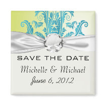 turquoise and lime green ornate damask refrigerator magnet