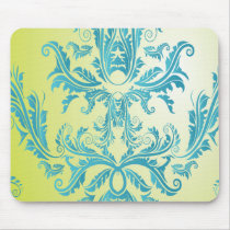 turquoise and lime green ornate damask mousemat