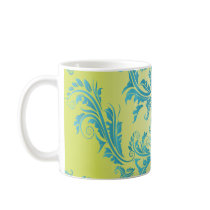 turquoise and lime green ornate damask coffee mugs