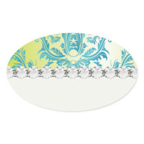 turquoise and lime green ornate damask oval stickers