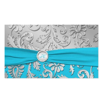 Turquoise  Silver Wedding Decorations on Turquoise And Silver Damask Wedding Favour Tag Business Cards   Zazzle