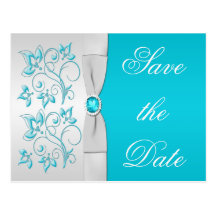 Turquoise and Silver Floral Save the Date Post Card