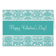 Turquoise and White Damask Valentine's Day Card