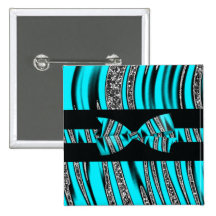 Turquoise Blue & Black Zebra Glitter Stripes Pinback Button