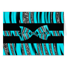 Turquoise Blue & Black Zebra Glitter Stripes Greeting Cards