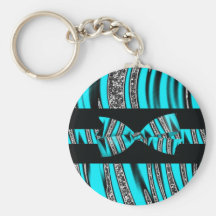 Turquoise Blue & Black Zebra Glitter Stripes Keychain