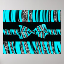 Turquoise Blue & Black Zebra Glitter Stripes Posters