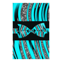 Turquoise Blue & Black Zebra Glitter Stripes Stationery Design