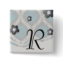 turquoise blue cream and brown lovely damask pinback button