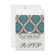 turquoise blue cream and brown lovely damask invite
