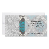 turquoise blue cream and brown lovely damask customised photo card