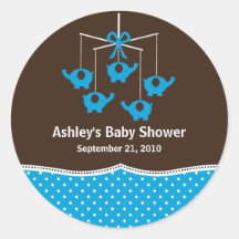Turquoise & Brown Elephant Mobile Baby Shower Round Sticker