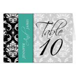 Turquoise Damask Table Number Card Bride Groom