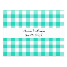 Turquoise gingham pattern wedding favours postcard