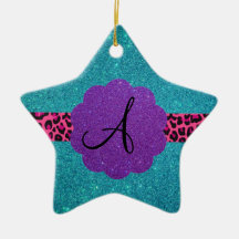 Turquoise glitter monogram christmas tree ornament