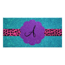 Turquoise glitter monogram personalised photo card
