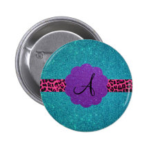 Turquoise glitter monogram pinback button