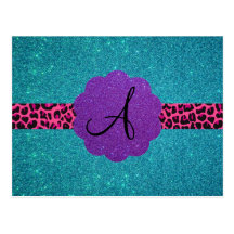 Turquoise glitter monogram postcard