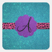Turquoise glitter monogram square sticker