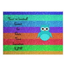 Turquoise owl rainbow glitter personalized invitations