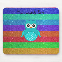 Turquoise owl rainbow glitter mouse mat