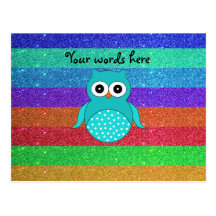 Turquoise owl rainbow glitter post cards