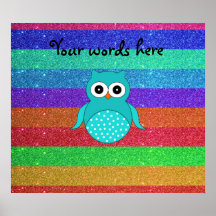 Turquoise owl rainbow glitter print