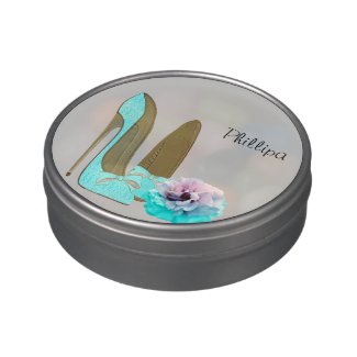 Turquoise Stilettos and Rose Art Jelly Bean Tin Jelly Belly Tin