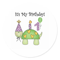 Turtle First Birthday Round Stickers