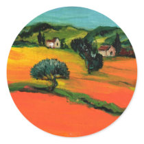 TUSCANY LANDSCAPE WITH SUNFLOWERS ROUND STICKER
