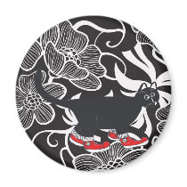 Tuxedo Cat In-between Flowers Black Magnet