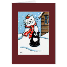 Tuxedo Cat, Robin & Snowman Christmas Card