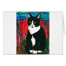 Tuxedo Cat Stained Glass Design Art T-Shirt Cards