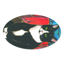 Tuxedo Cat Stained Glass Design Art T-Shirt Oval Stickers