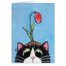 Tuxedo Cat with Tulip on Head - Cat Art Card