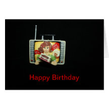 TV with a Girl holding a cake  Happy Birthday Card