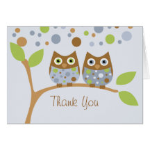 Twin Blue Owls Thank You Note Greeting Cards