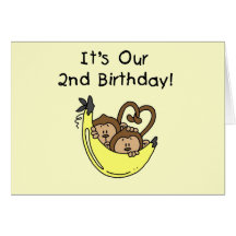 Twin Boys Banana Monkey 2nd Birthday Greeting Cards