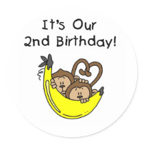 Twin Boys Banana Monkey 2nd Birthday Round Stickers