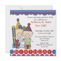 Twin Boys Stick Figure Twins Birthday Invitation