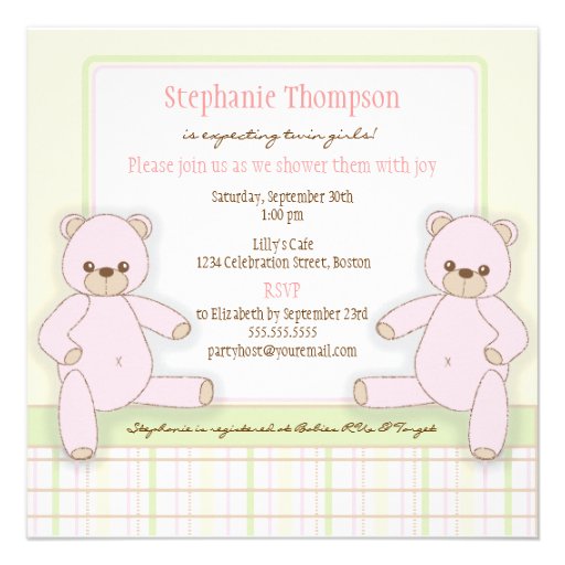 Twin Girl Pink Teddy Bears Baby Shower Invitation