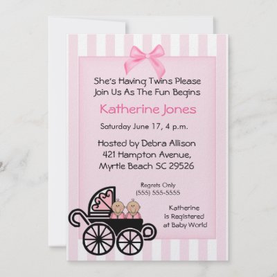 Twins Baby Shower Favors on Twins Baby Shower Invitations For Girls A Pink Stripe Background