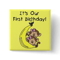 Twin Girls Banana Monkey 1st Birthday Pinback Button