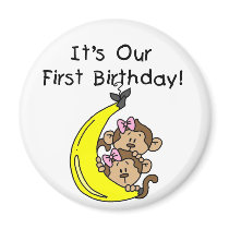 Twin Girls Banana Monkey 1st Birthday Fridge Magnets